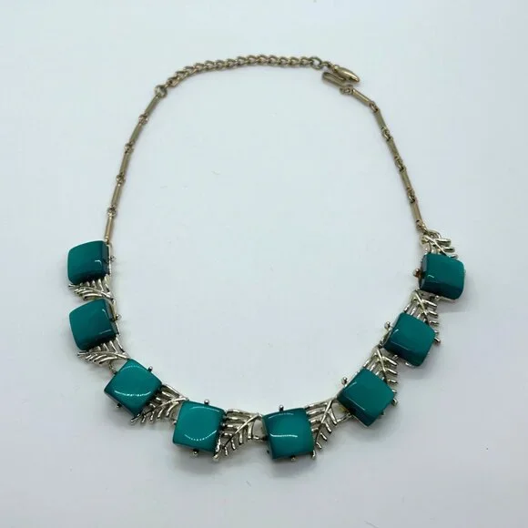 Vintage Coro Necklace Teal Thermoset Leaf Choker Necklace Mid Century Modern - Picture 1 of 16